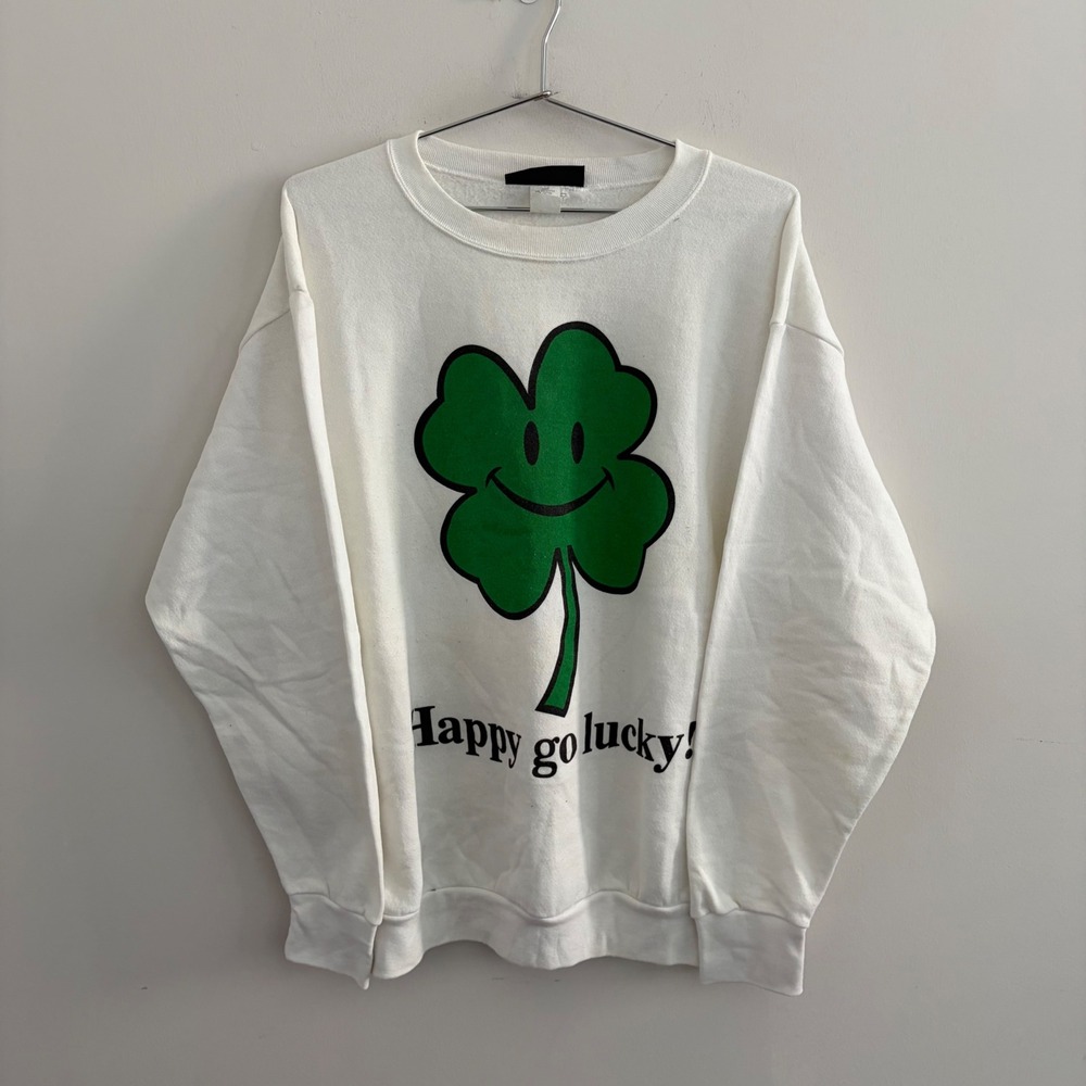 Joe Boxer Happy Go Lucky Shamrock Smiley Face Sweatshirt White Mens Large